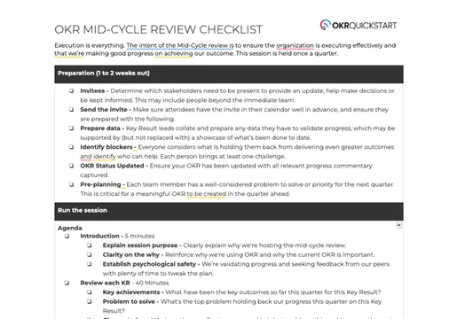 OKR Mid-Cycle Review Checklist: preparation steps and session agenda for a quarterly mid-cycle review